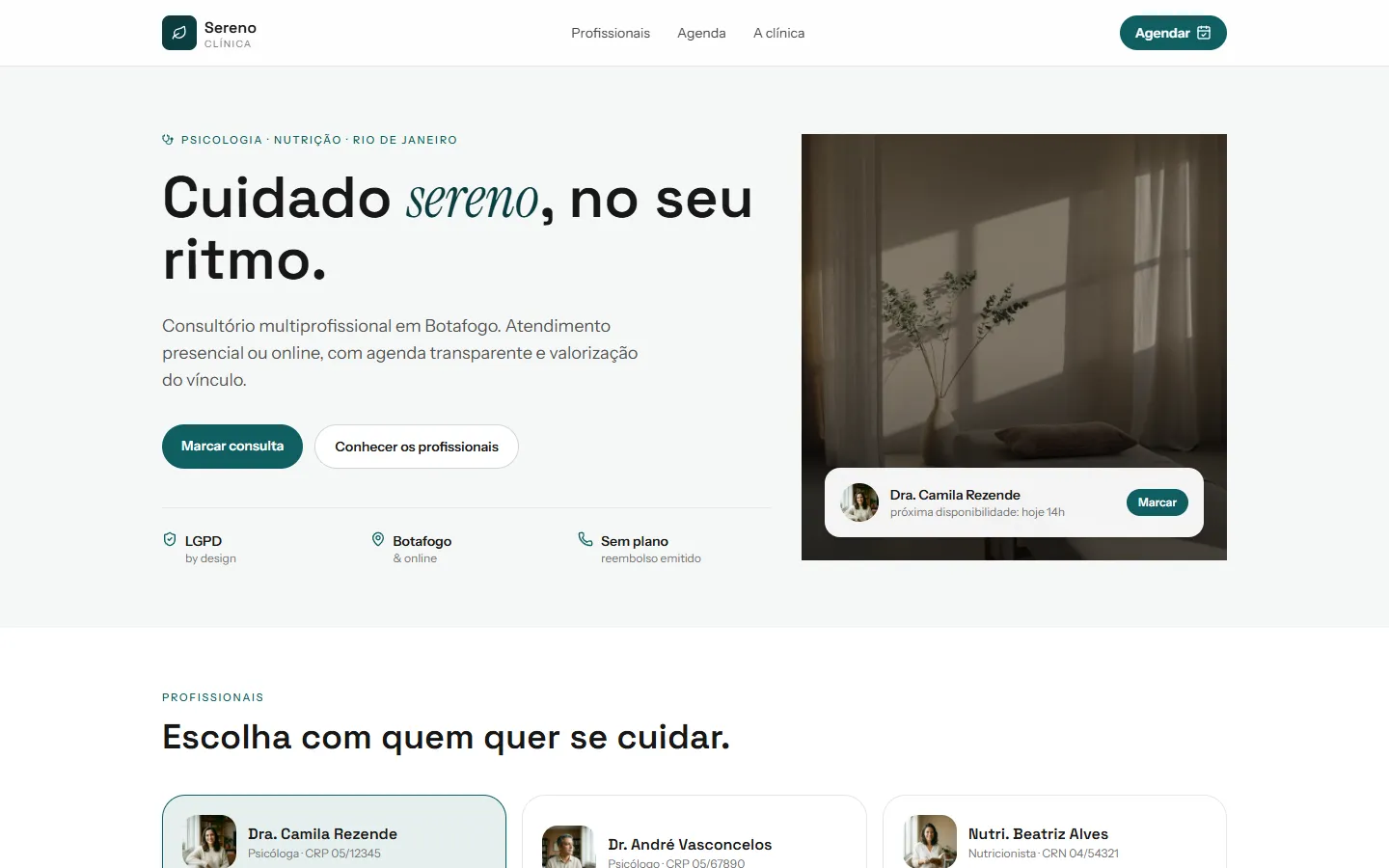 Página inicial do modelo Clínica Sereno